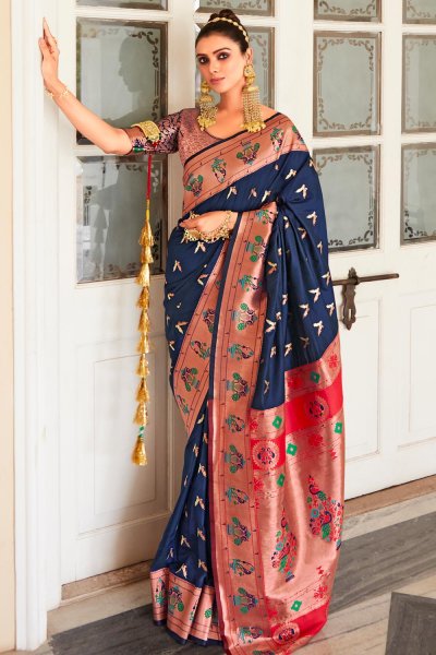 Navy Blue Silk Zari Weaved Paithani Saree