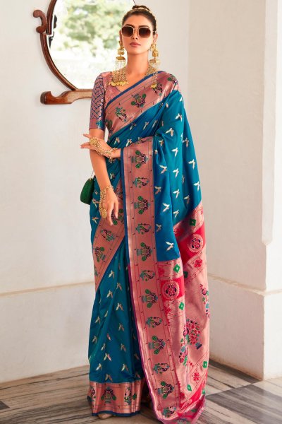 Prussian Blue Silk Zari Weaved Paithani Saree