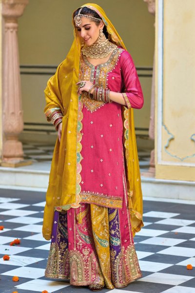 Ready To Wear Pink & Mustard Silk Long Kurti Lehenga Set