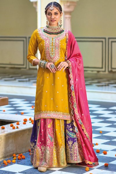 Ready To Wear Mustard & Pink Silk Long Kurti Lehenga Set