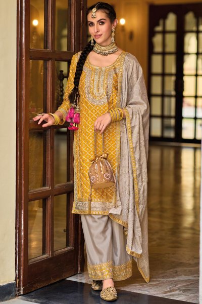 Ready To Wear Mustard & Beige Chinon Embroidered Kurta Set