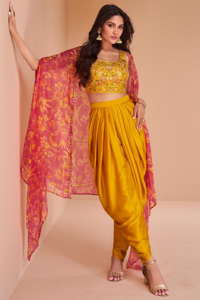 Ready To Wear Mustard Yellow Satin Silk Embroidered Top & Dhoti Pant Set With Organza Cape