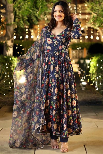 Navy Blue Silk Printed Anarkali Dress