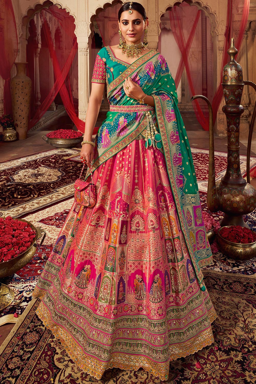 Buy Pink, Aqua & Multicolor Banarasi Silk Embroidered Lehenga Set With ...