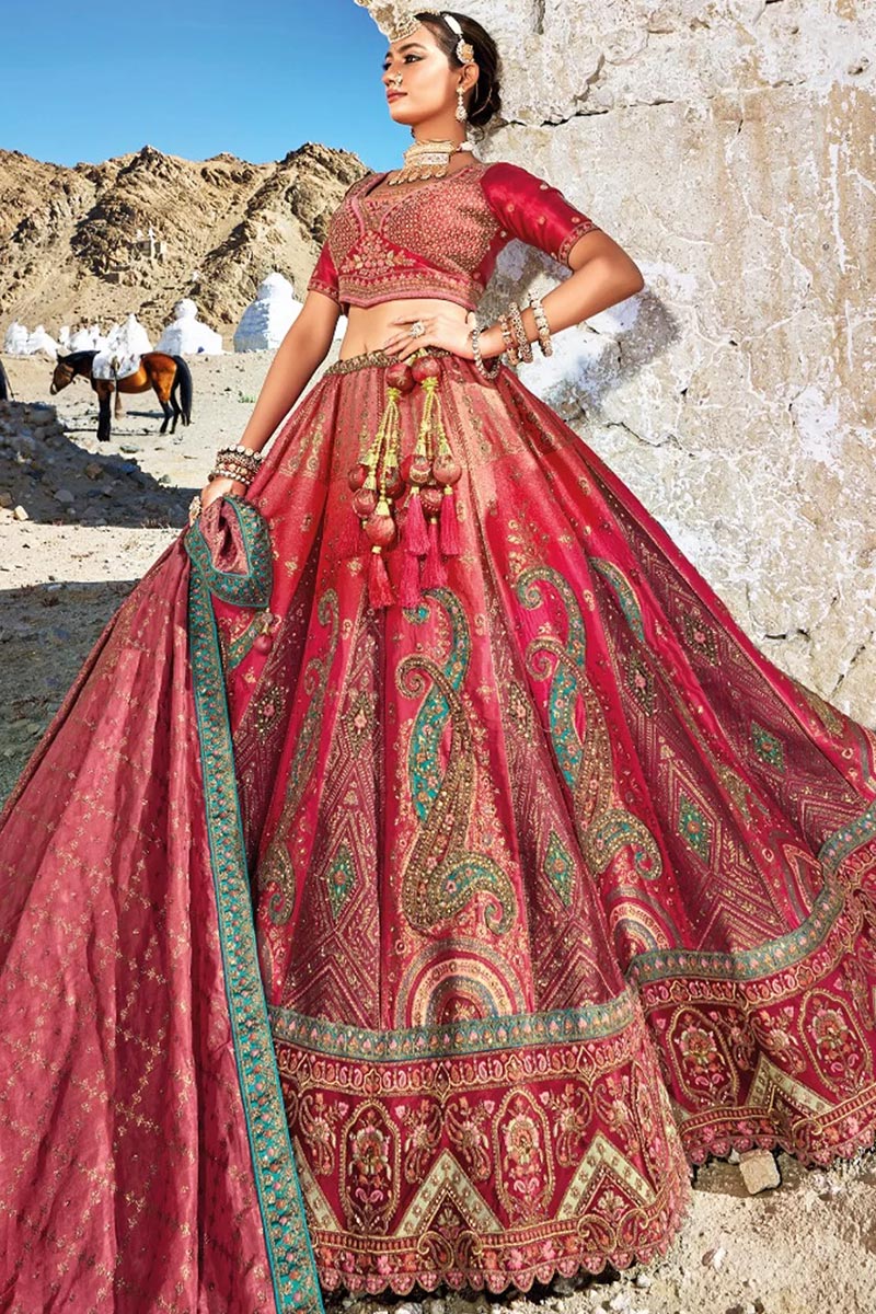 Buy Deep Red Banarasi Silk Jacquard Lehenga Set Online | Like A Diva