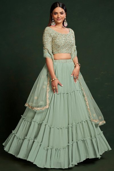 Mint Green Georgette Embroidered Lehenga Set