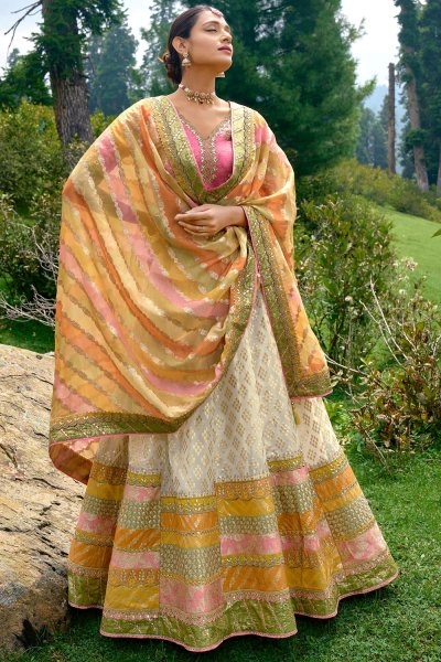 Ivory & Multicolor Banarasi Silk Embroidered Lehenga Set