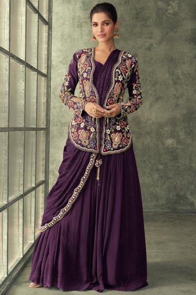 Plum Purple Embroidered Georgette Gown With Silk Jacket & Attached Dupatta