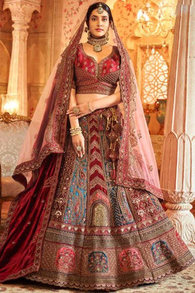 Maroon & Multicolor Velvet Embroidered Lehenga Set