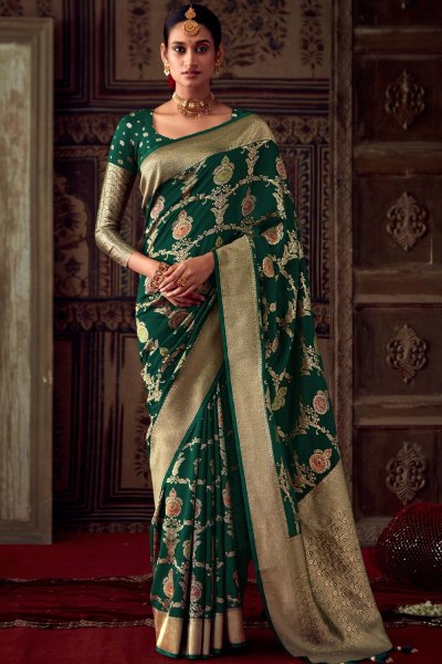 Dark Green Zari weaved Crepe Georgette Saree