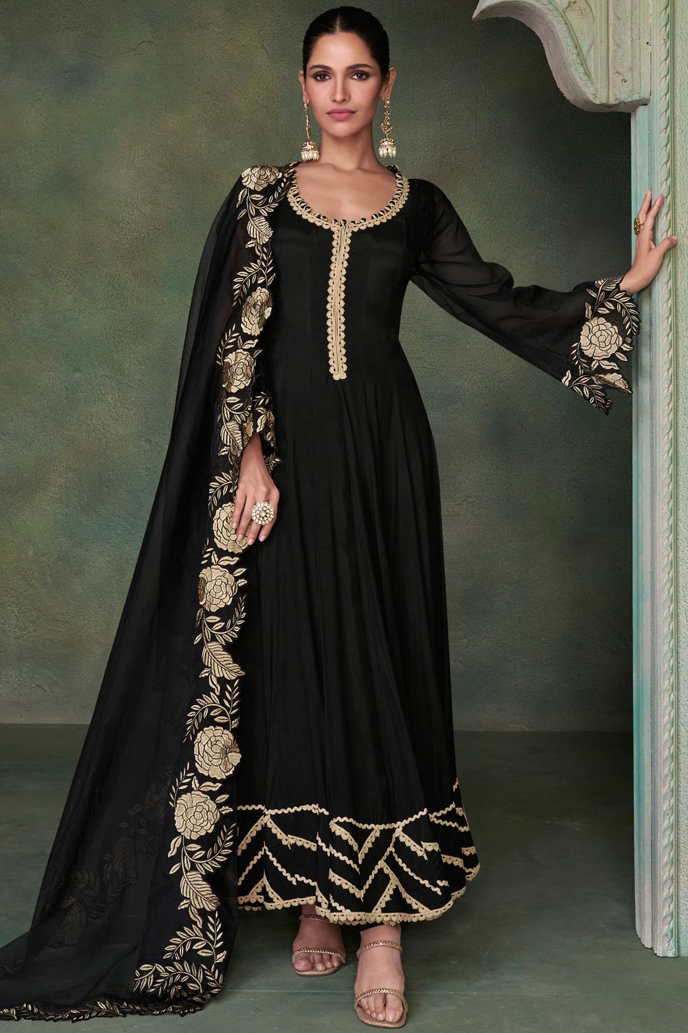 Buy Black Silk Embroidered Anarkali Suit With Dupatta Online | Like A Diva