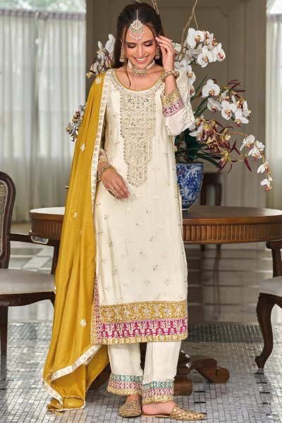 Ivory Silk Embroidered Kurta Set