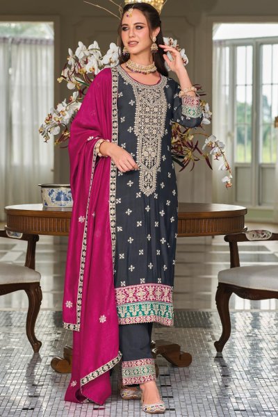 Deep Navy Blue Silk Embroidered Kurta Set