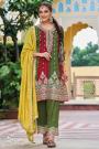 Green & Red Silk Embroidered Kurta Set