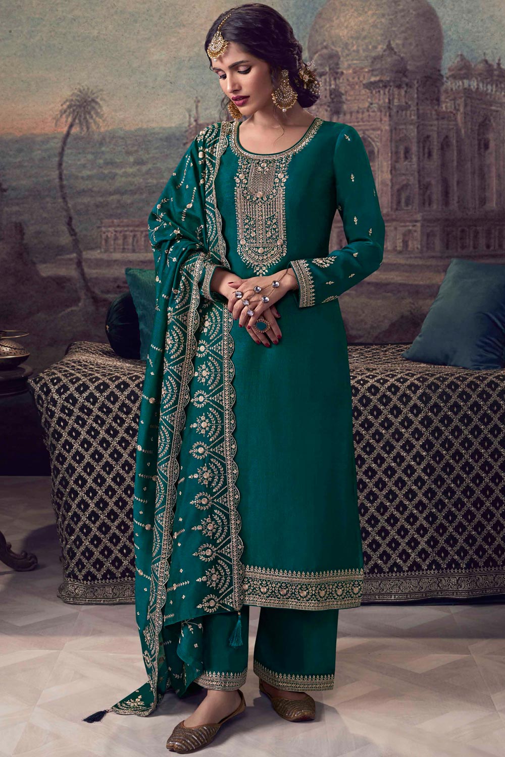 Buy Teal Silk Georgette Embroidered Kurta Set Online | Like A Diva