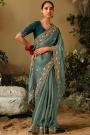 Blue Grey Silk Hand Embroidered Saree