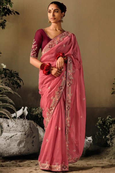 Coral Silk Hand Embroidered Saree