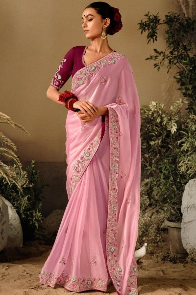 Pink Silk Hand Embroidered Saree