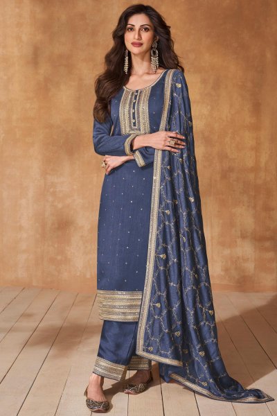 Lavender Blue Silk Embroidered Kurta Set