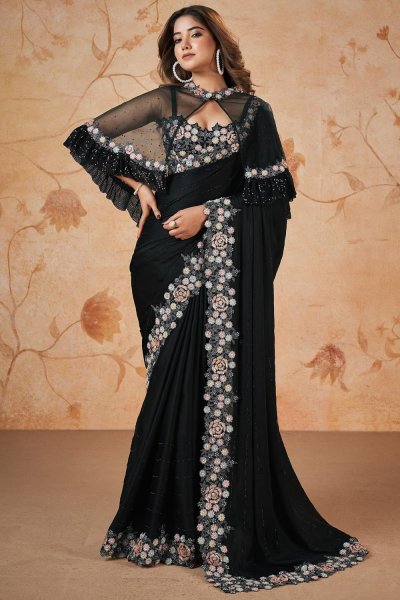 Pre-draped Black Crepe Satin Silk Embroidered Saree With Cape