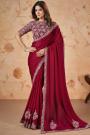 Deep Red Crepe Satin Silk Embroidered Saree