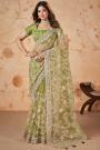 Forest Green Net Embroidered Saree