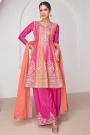 Pink & Coral Chinon Silk Embroidered Kurta Set