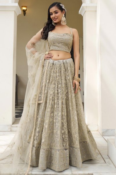 Ivory Grey Net Embroidered Lehenga Set