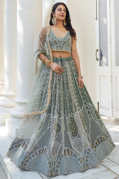 Sage Green Net Embroidered Lehenga Set