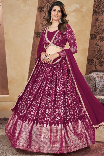 Deep Magenta Pink Georgette Embroidered Lehenga Set