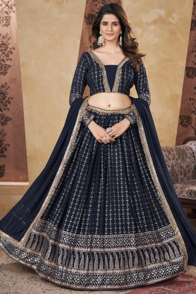 Deep Navy Blue Georgette Embroidered Lehenga Set