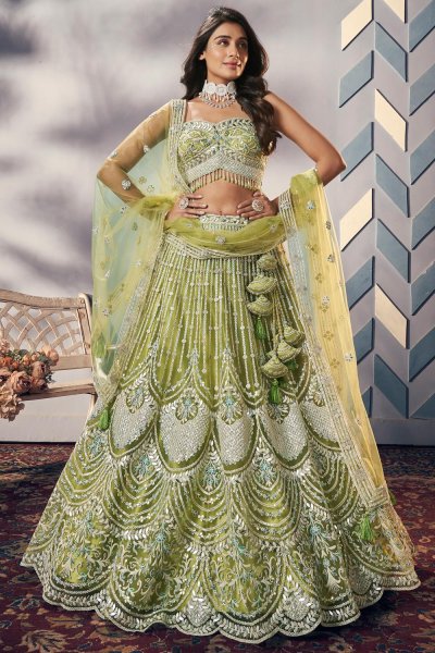 Light Green Net Embroidered Lehenga Set