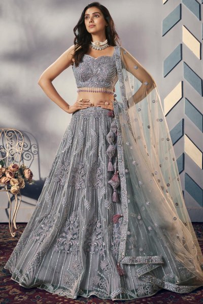 Lilac Net Embroidered Lehenga Set