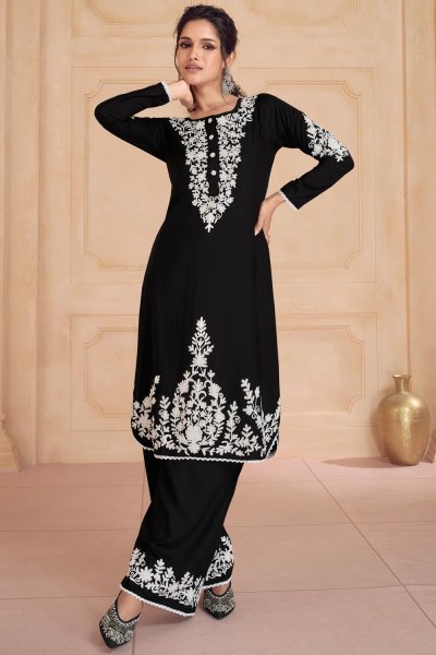 Black Georgette Embroidered Kurta Set With Dupatta