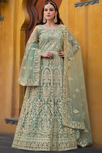 Aqua Green Net Embroidered Anarkali Dress