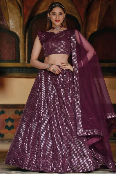 Plum Purple Net Sequin Embroidered Lehenga Set