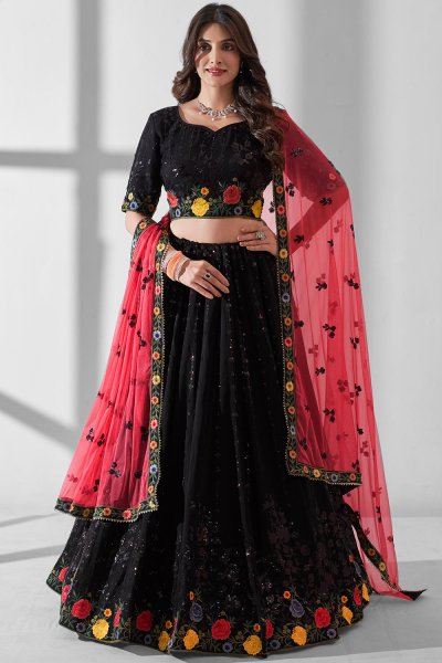 Black Georgette Embroidered Lehenga Set