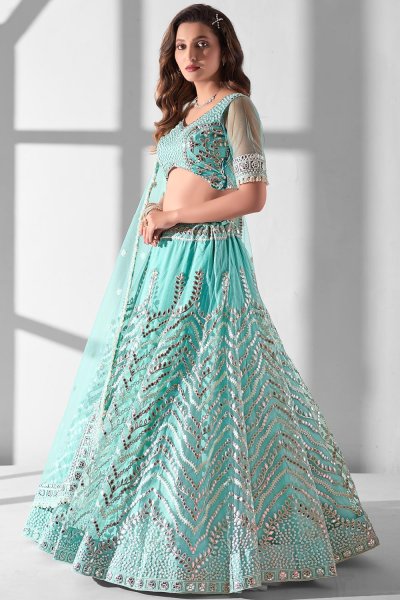 Aqua Blue Net Embroidered Lehenga Set