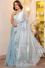 Sky Blue Shimmer Organza Silk Hand Embroidered Saree