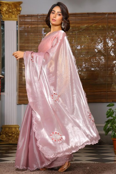 Light Pink Shimmer Organza Silk Hand Embroidered Saree