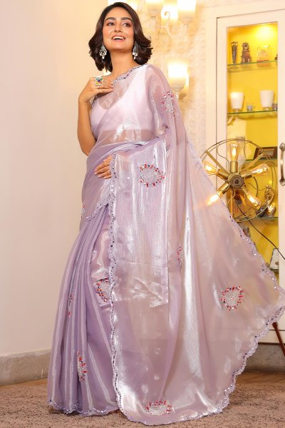 Lilac Shimmer Organza Silk Hand Embroidered Saree