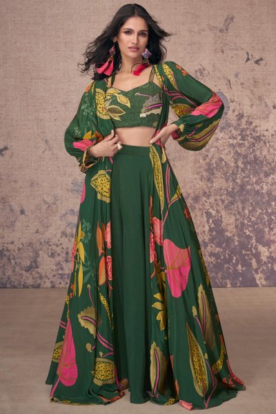 Bottle Green Multicolor Crepe Silk Printed & Embroidered Indo Western 3 Piece Set