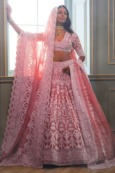 Blush Pink Net Embroidered Lehenga Set