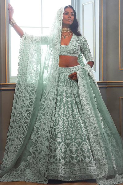 Mint Green Net Embroidered Lehenga Set