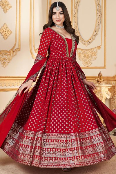 Maroon Georgette Foil Decorated Anarkali Dress With Dupatta