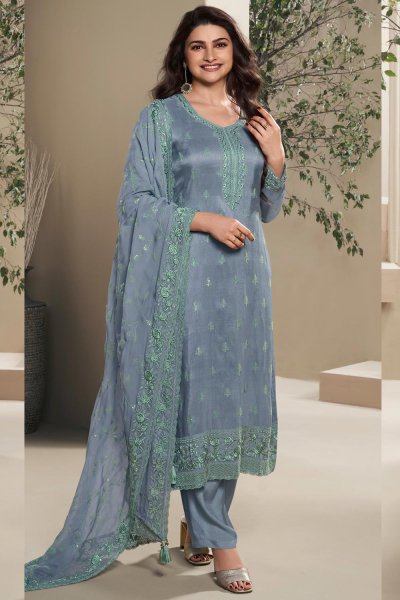 Blue Silk Embroidered Kurta Set