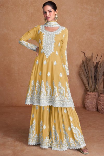 Yellow Silk Embroidered Kurta & Sharara Set