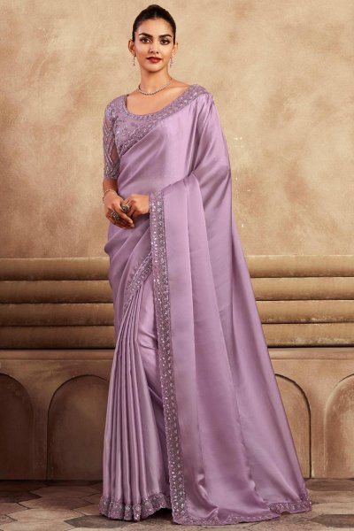 Lilac Satin Silk Hand Embroidered Bordered Saree