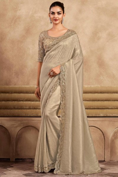 Beige Gold Silk Hand Embroidered Bordered Saree