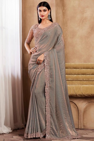 Taupe & Pink Silk Hand Embroidered Bordered Saree